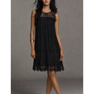 Anthropologie Floreat Black Pleated Lace Trim Sleeveless Shift Dress Size 2